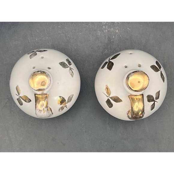 Vintage Ball Jug Salt & Pepper Shakers- White w / Gold Handles and Tops Decor - Picture 6 of 7